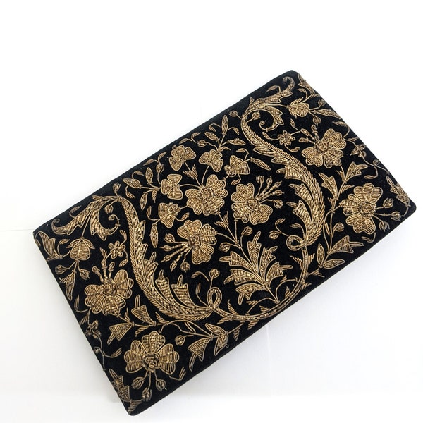 The Indian Textiles Co LTD Black Velvet Gold Brocade Evening Clutch, Mid Century Embroidered Gold Evening Bag, 1950s Fashion Accessories