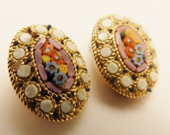 Italian Micro Mosaic Pink Flower Vintage Clip On Earrings
