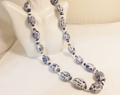 Asian Blue Bead Porcelain Hand Painted Vintage Necklace