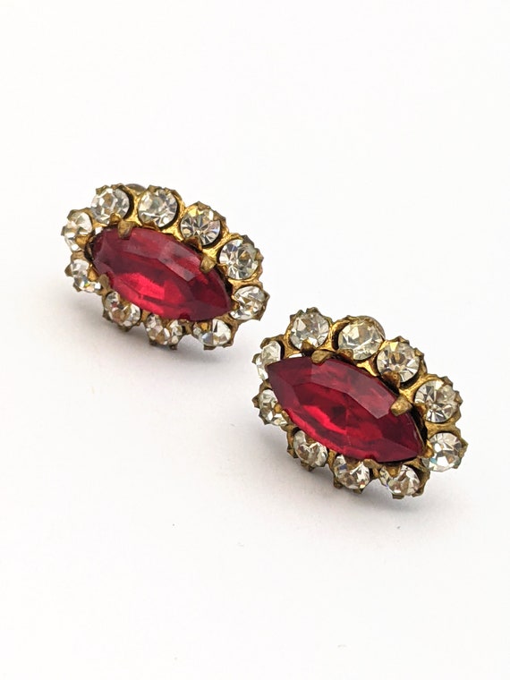 Vintage Red Navette Clear Rhinestone Earrings, Re… - image 8