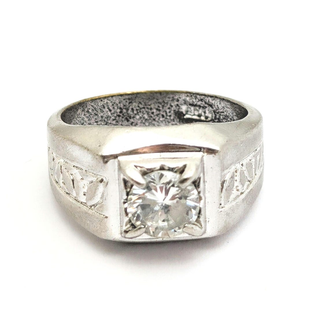 Signed EDCO Mens Silver Large Faux Diamond Ring, Mens Two Carat Large ...