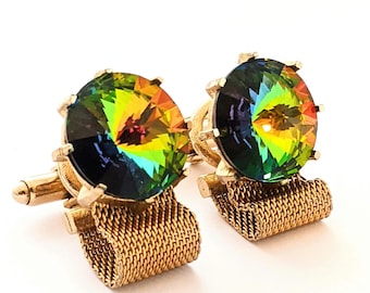 Vintage 60s Art Glass Dante Mens Cuff Links, Vintage Gold Mesh Cuff Links, Watermelon Rivoli Mens Formal Accessories