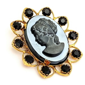 Vintage Carved Hematite Cameo Pin Brooch, Large Black Cameo And Austrian Crystals Brooch, Victorian Revival Costume Jewelry