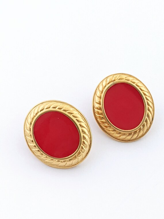 Signed Monet Red Clip on Earrings Vintage Red and Gold Earrings