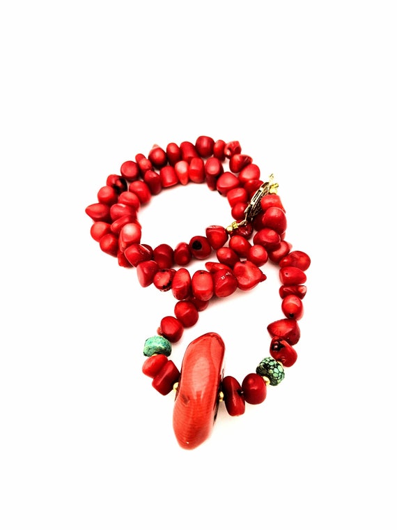 Vintage Red Coral And Turquoise Beaded Necklace, … - image 1