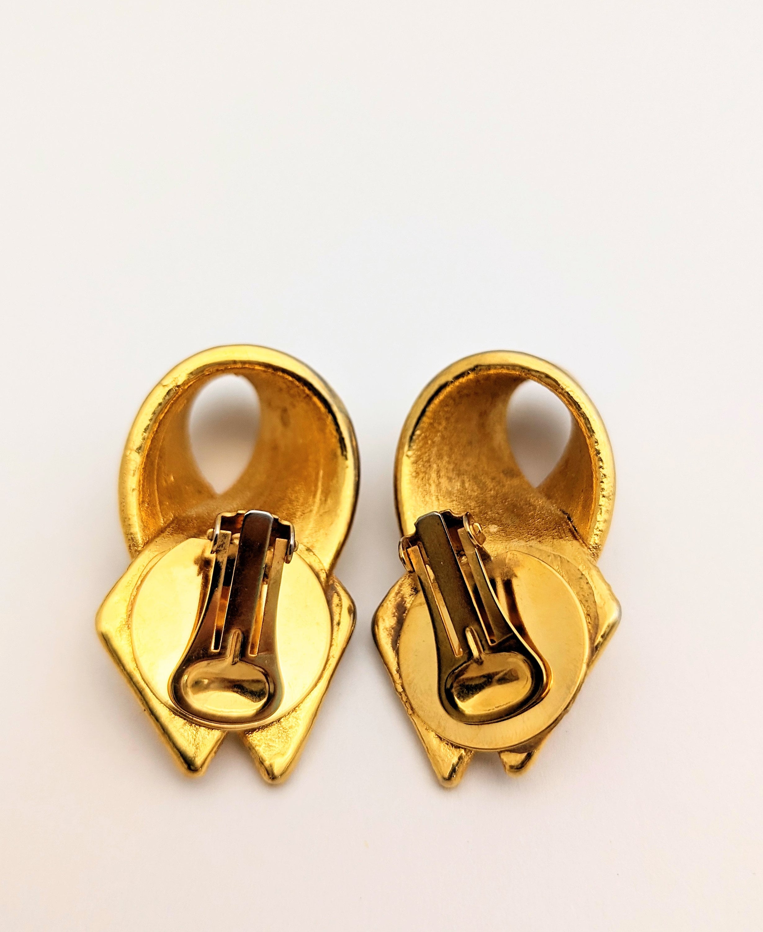 Large Gold Tone Ribbon Clip on Earrings, 1980s Large Gold