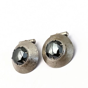 Vintage Mid Century Sterling Silver Destino Onyx Circle Cufflinks, Mens Black Onyx Gemstone Accessories, 60s Mens Fashion