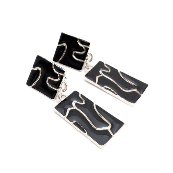Oversized Glossy Black Rectangular Link Earrings,… - image 1