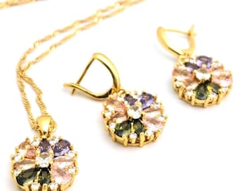 Gold Plated Rhinestone Flower Pendant Set, Pastel Color Necklace And Earrings Jewelry Set, Gift For Mom