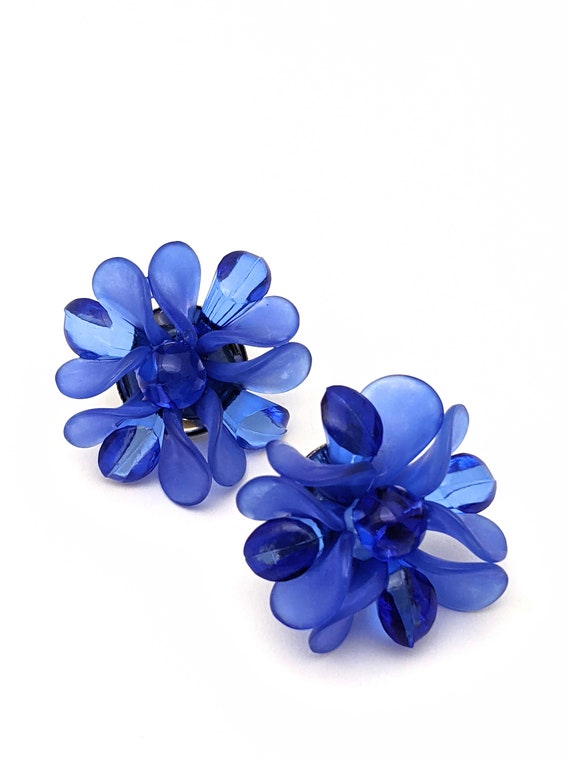 Vintage Blue Beaded Floral Earrings, Large Blue F… - image 8