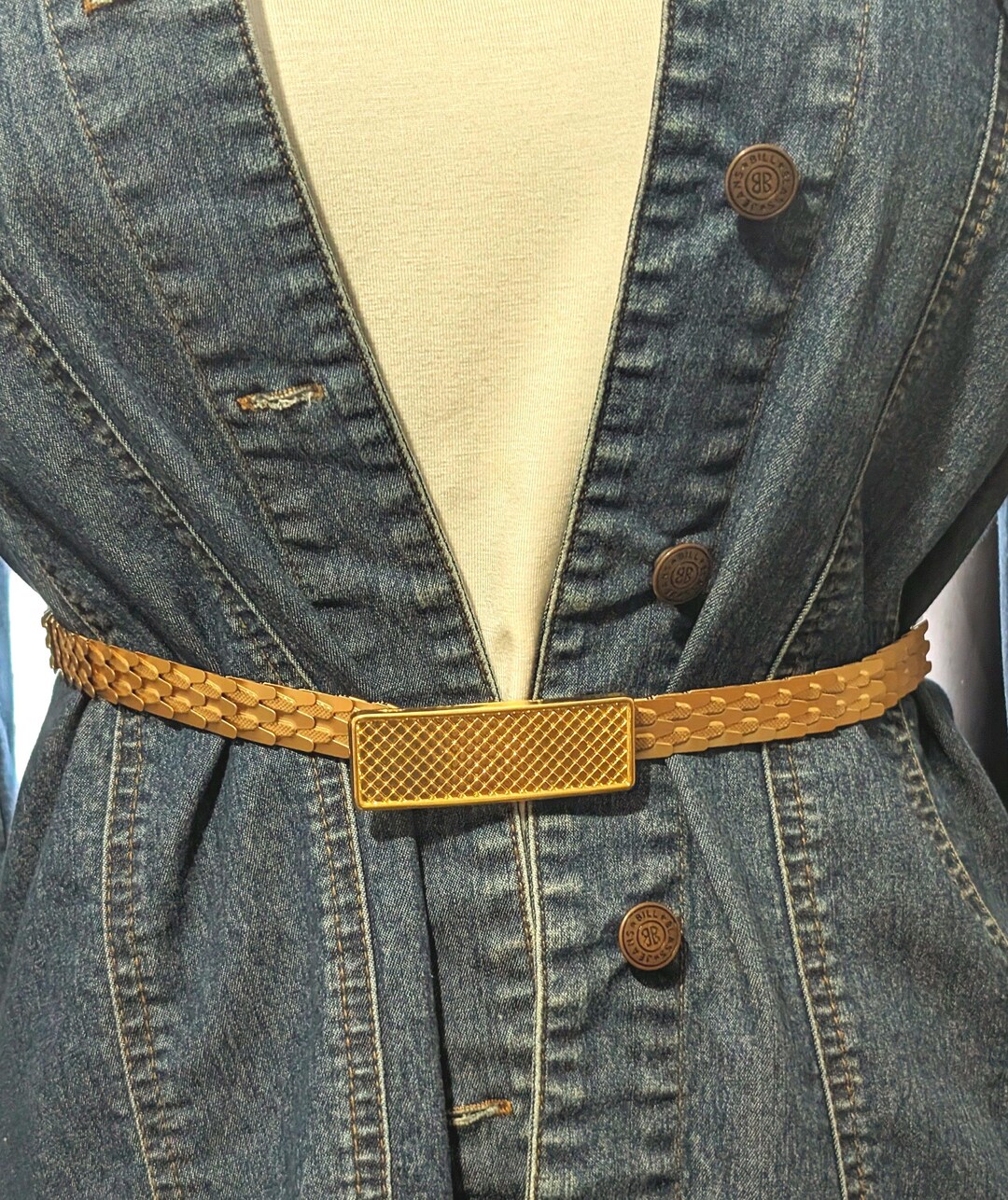 1970’s Vintage Fish Scale Elastic Belt with large Oval Clear Rhinestone’… 70s fish scale belt - Gem main image 3
