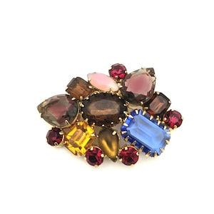 Gold Tone Multi Color Rhinestone Brooch, Colorful Mixed Rhinestone Brooch, 50s Costume Jewelry