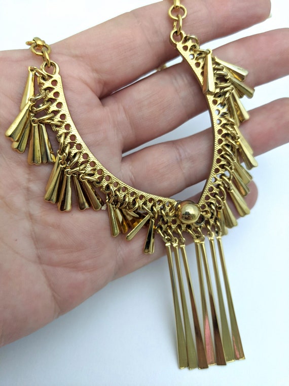 Vintage Gold Tone Fringe Choker Necklace, 1960s G… - image 3