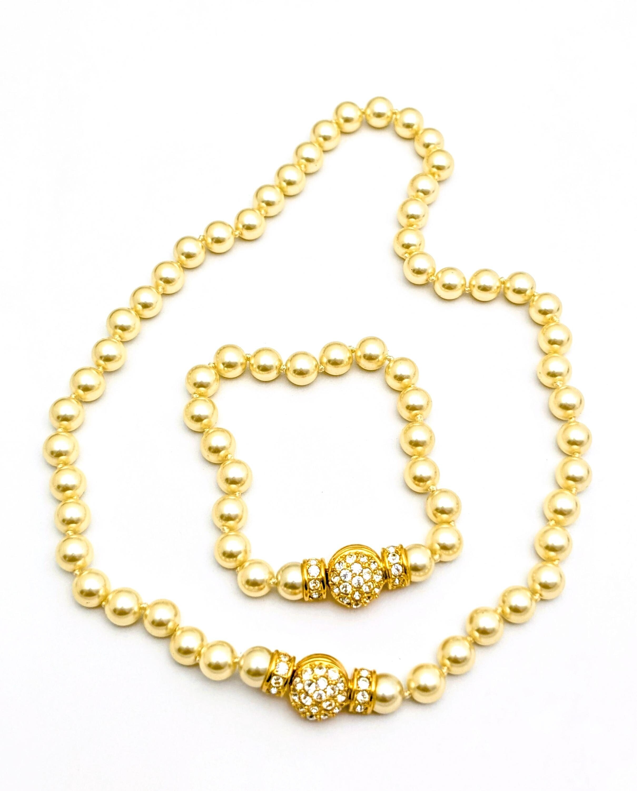 Nolan Miller Faux Pearl Necklace With Rhinestone Clasp, Vintage Faux Pearl Necklace And Bracelet Jewelry Set, Gift For My Mom