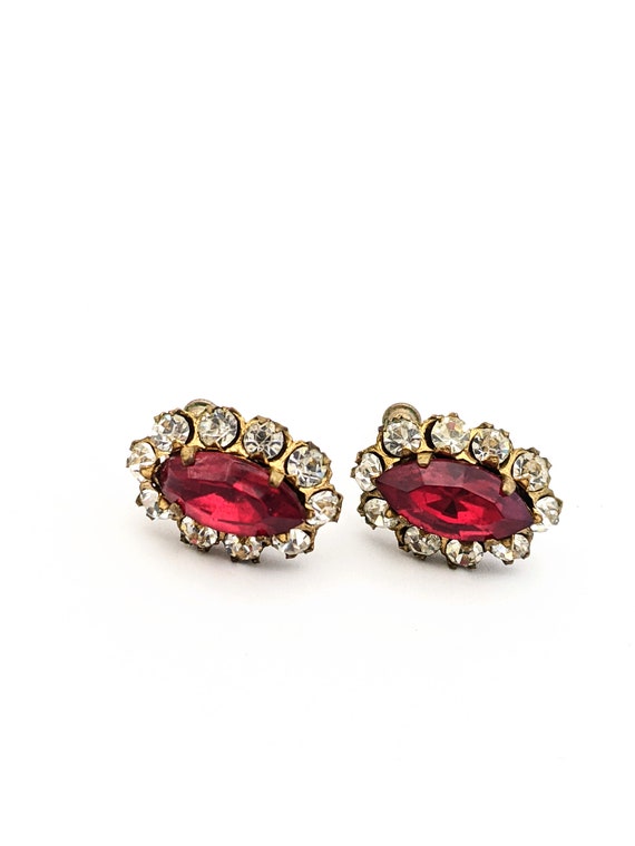 Vintage Red Navette Clear Rhinestone Earrings, Re… - image 3