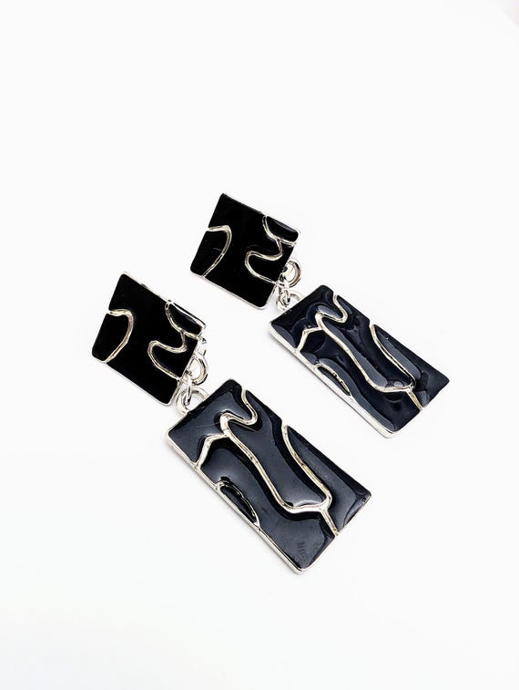 Oversized Glossy Black Rectangular Link Earrings,… - image 3