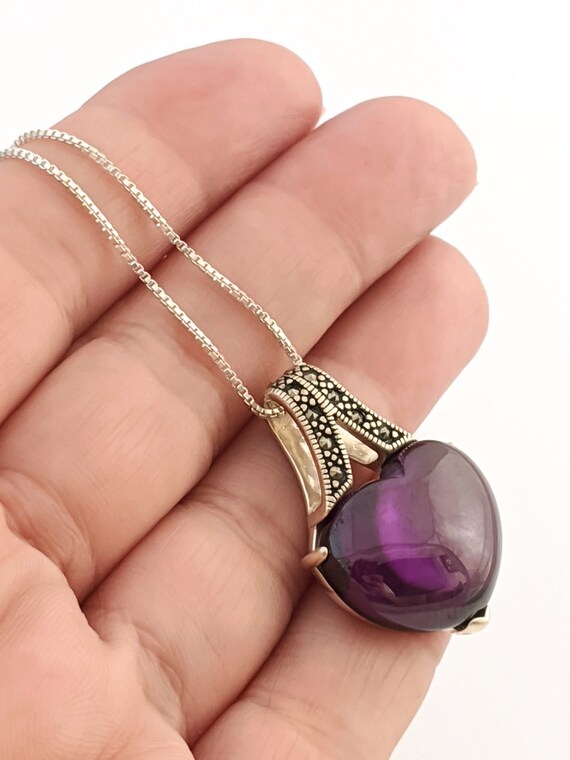 Vintage Purple Stone Pendant Necklace Sterling Silver Puffy Glass