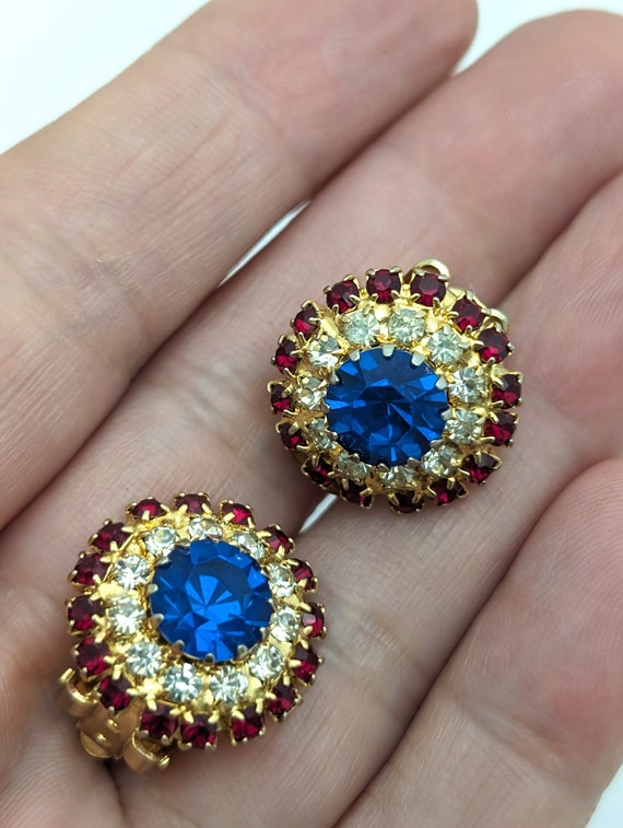 Red White Blue Rhinestone Clip On Earrings, Vinta… - image 2