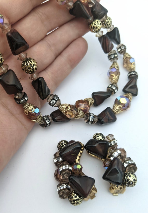 Vintage 50s AB Brown Glass Bead Necklace And Earr… - image 3