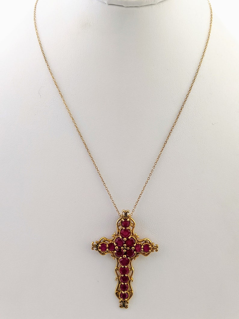 Valentines Day Gift For Mom Vintage Large Red Gemstone Pendant Necklace Genuine Natural Ruby 925 Sterling Silver Gold Vermeil Cross