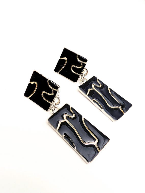 Oversized Glossy Black Rectangular Link Earrings,… - image 6