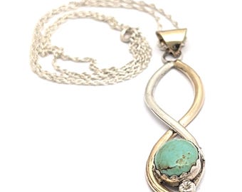 Vtg Larry Moses Yazzie LMY Pendant Sterling Silver 12K GF With Turquoise Signed, Large Turquoise Pendant Necklace, Gift For Her