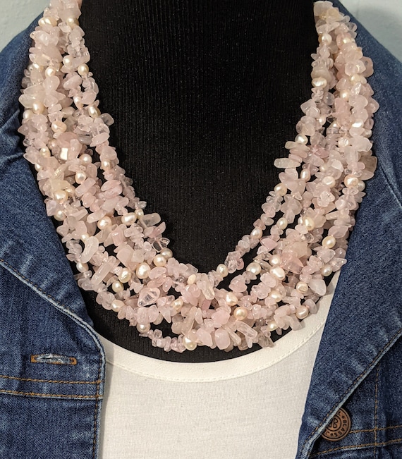Rose Quartz Multi Strand Beaded Necklace, Vintage… - image 1