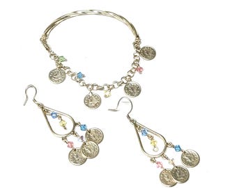 Sterling Silver Faux Liberty Coin Bracelet And Earrings, Vintage Silver Coin Jewelry Set, Gift For Mom