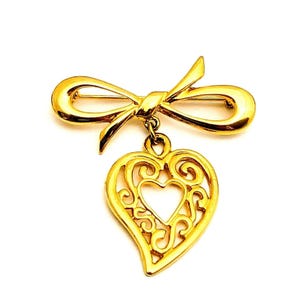 Gikd Tone Bow Brooch, Dangling Heart Charm, Filigree Pin