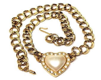 Avon Gold Tone Chain Heart Pendant Necklace, Faux Pearl Rhinestone Choker, 80s Retro Style