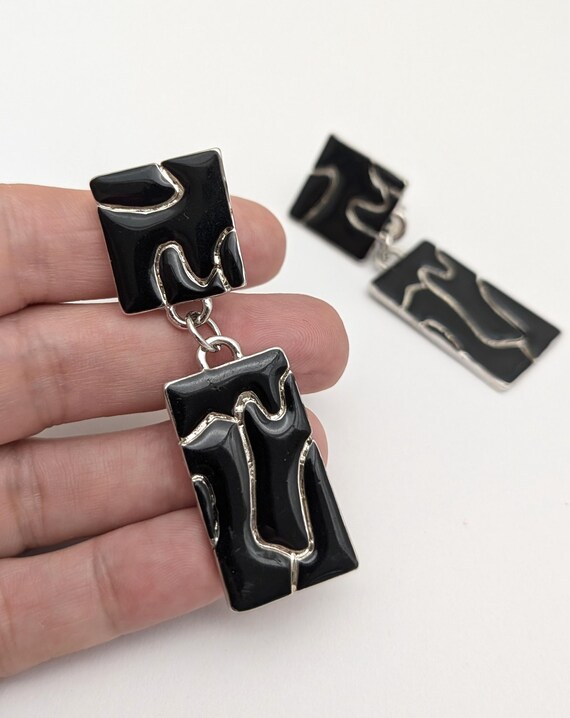 Oversized Glossy Black Rectangular Link Earrings,… - image 8