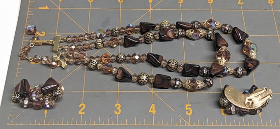 Vintage 50s AB Brown Glass Bead Necklace And Earr… - image 10