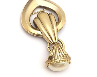 Gold Tone Fleur De Lis Brooch, Faux Pearl Dangle Jacket Pin