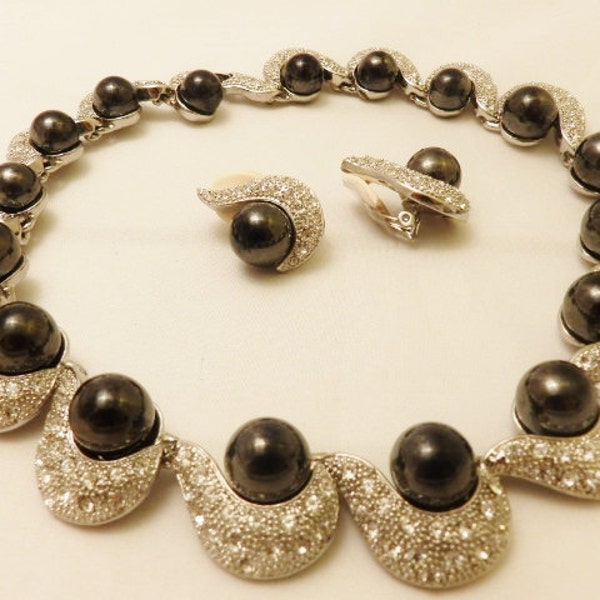 Perles noires et strass collier, bijoux Vintage