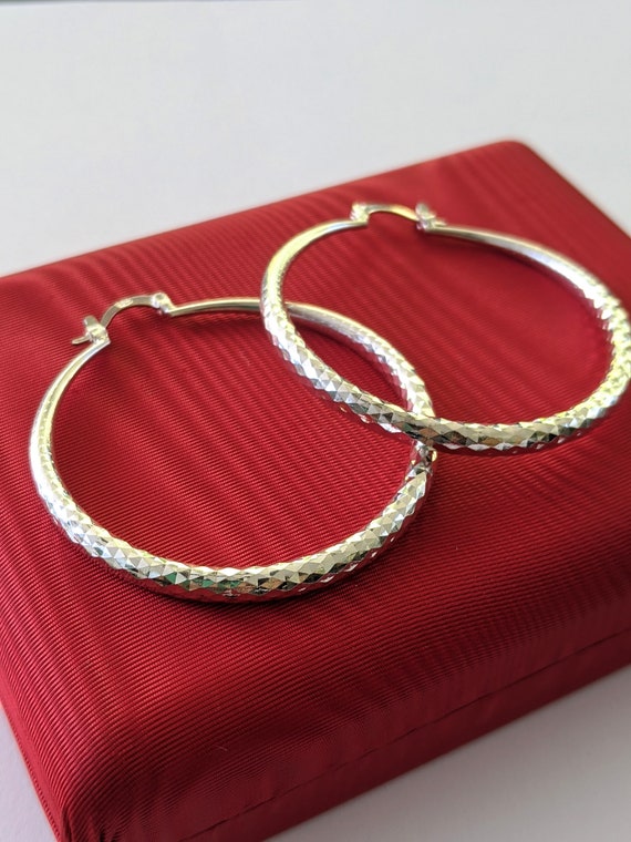 925 Sterling Silver Large Textured Hoops, Sterling