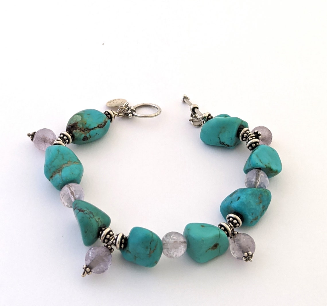 Ladies Vintage Turquoise Silver Bead Bracelet 8 Inch Chunky - Etsy