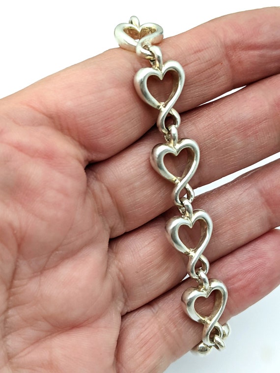 925 Solid Sterling Silver Heart Link Bracelet, Si… - image 4