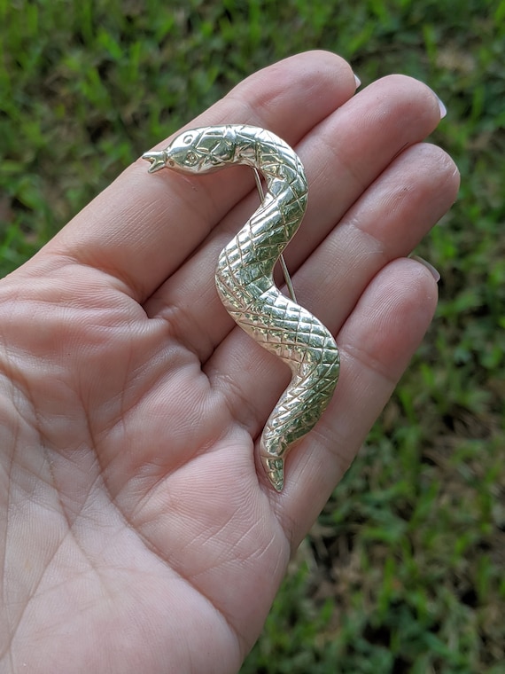 Sterling Silver Snake Brooch Pin, Vintage Large Se