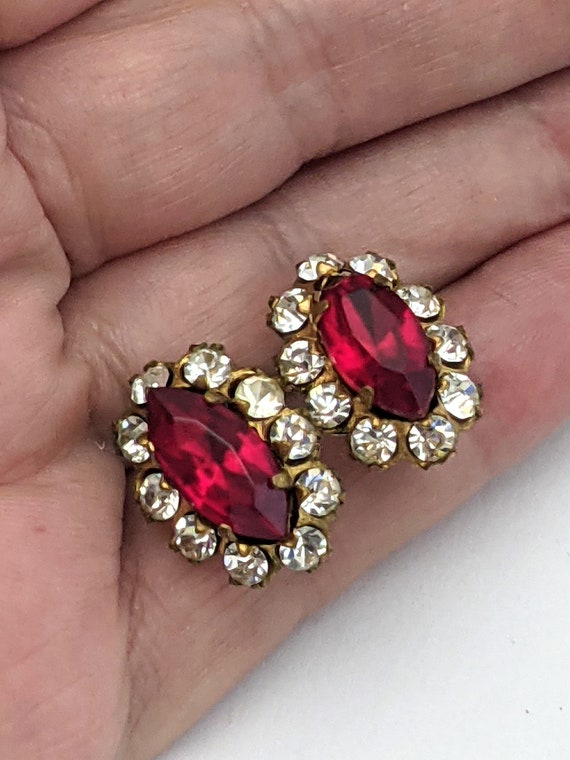 Vintage Red Navette Clear Rhinestone Earrings, Re… - image 7