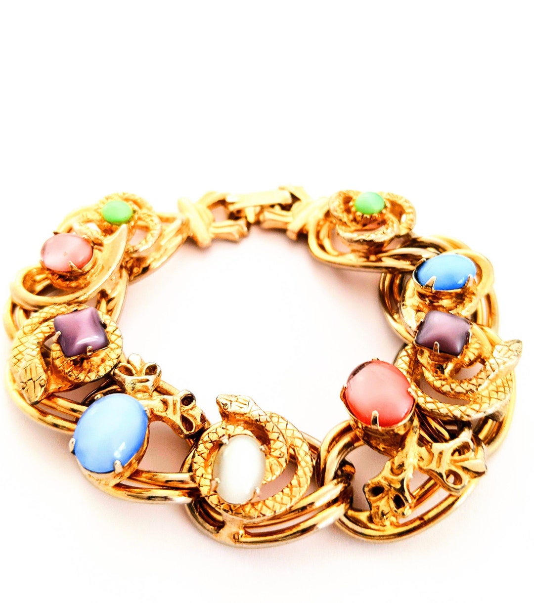 Vintage Gold Snake Glass Stone Bracelet Victorian Revival Etsy