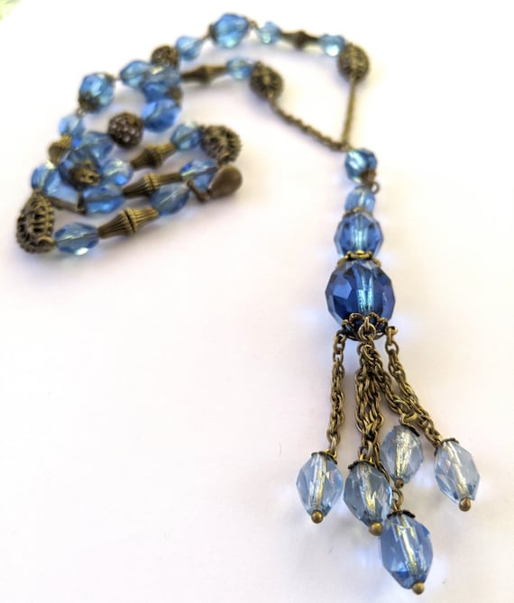 Vintage Blue Glass Bead Necklace, Vintage Glass B… - image 4