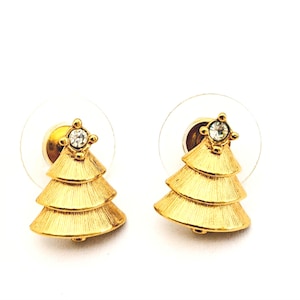 Vintage Rhinestone Christmas Earrings, Gold Tone Christmas Tree Earrings, Gift For Mom
