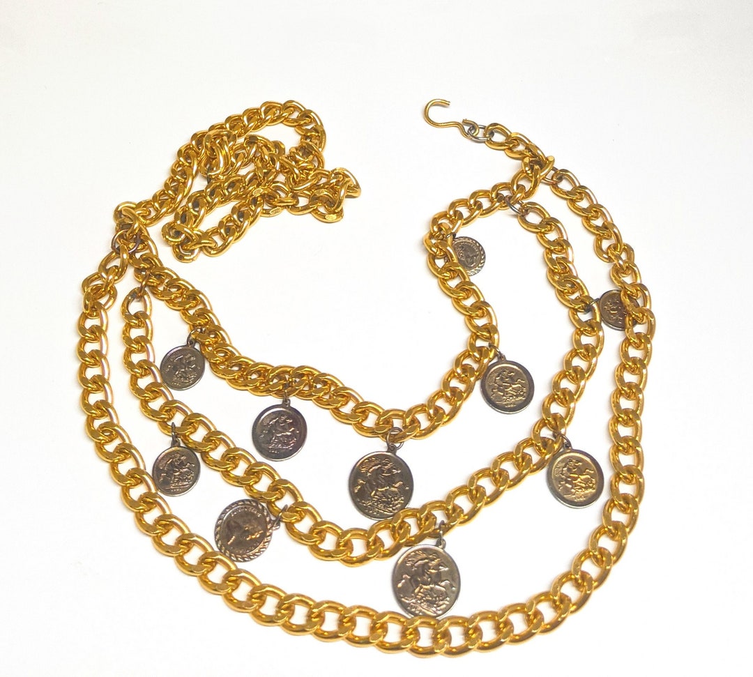 Vintage Layered Gold Tone Chain Belt, Vintage Dangling Faux Coin Belt