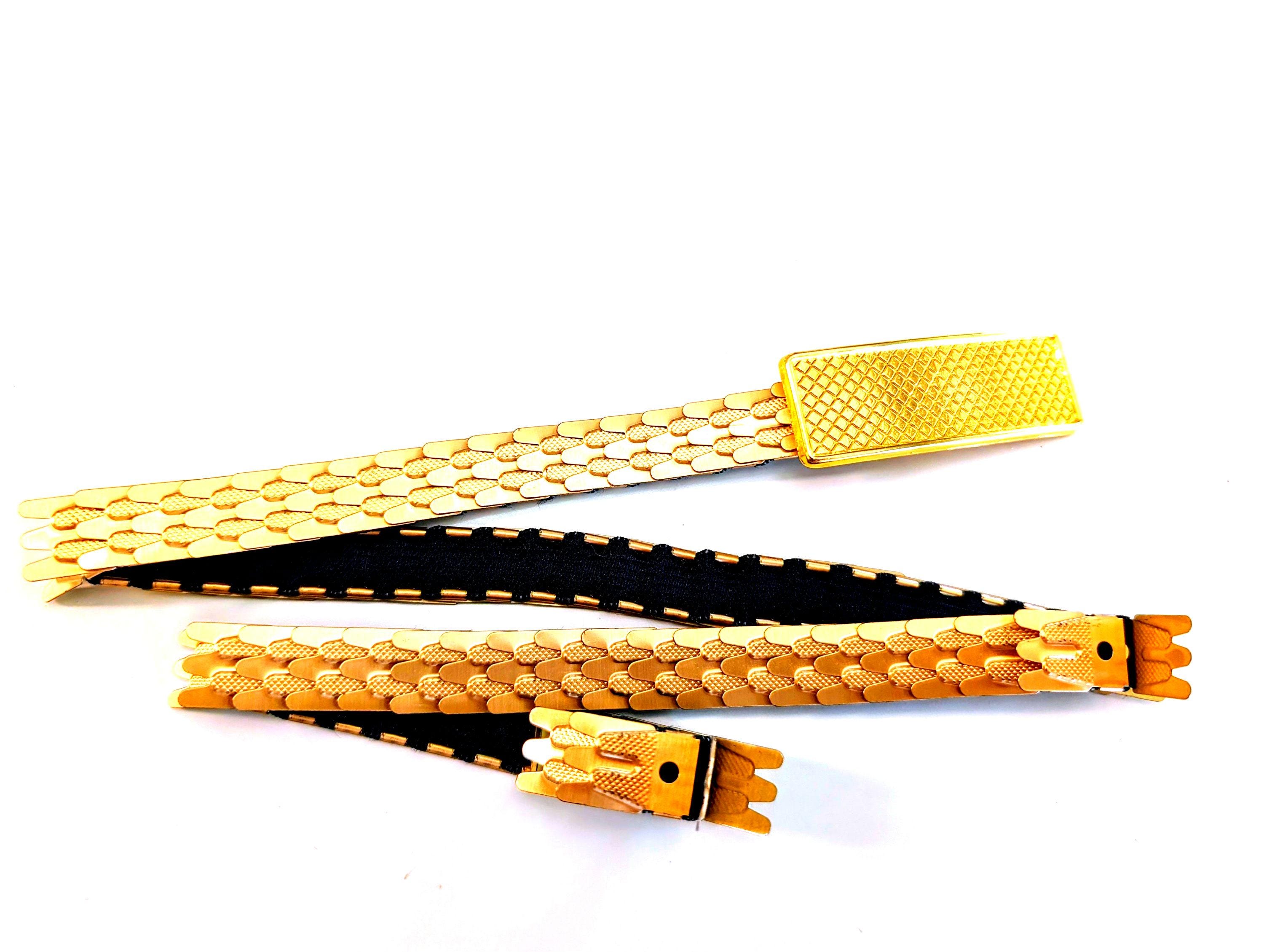 Vintage 70s Fish Scale Elastic Belt, Vintage Gold Tone Thin 