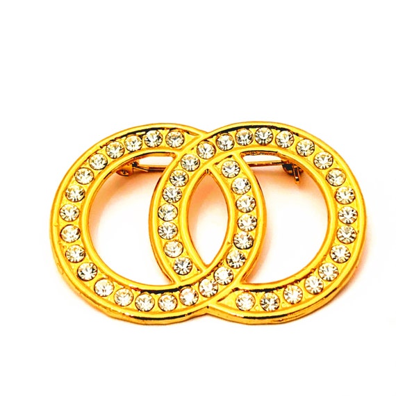 Gold Rhinestone Circle Brooch, Pave Set Rhinestone Double Interlocking Gold Tone Circle Brooch, Vintage 80s Fashion