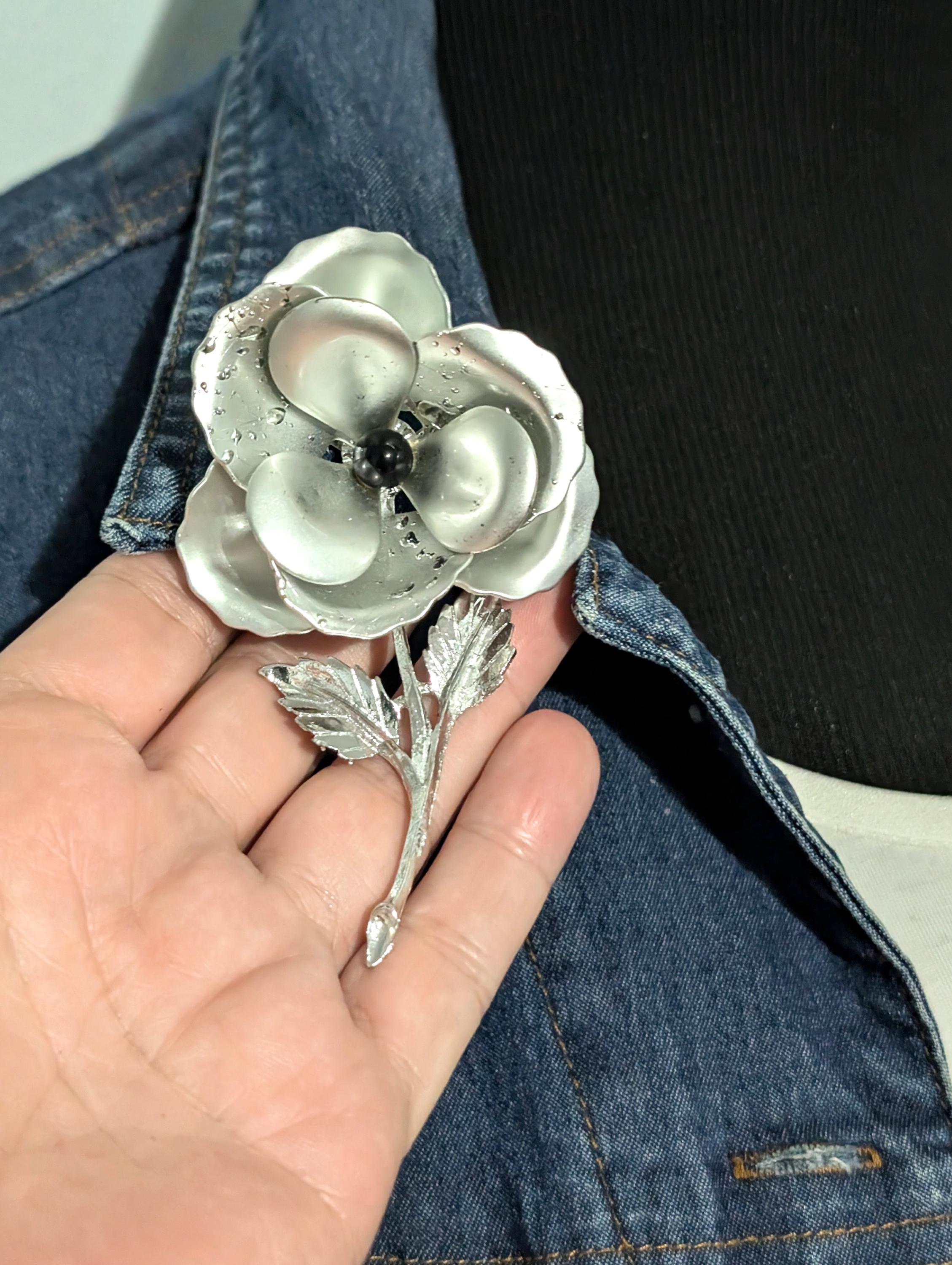 Large Silver Tone Rhinestone Flower Brooch, Vintage Carnation Pin