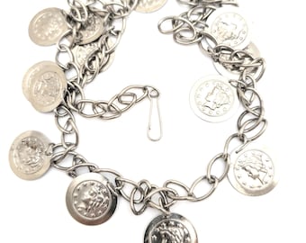 Vintage Silver Faux Coin Belt, Dangling Silver Tone Charm Belt, 70 Fashion