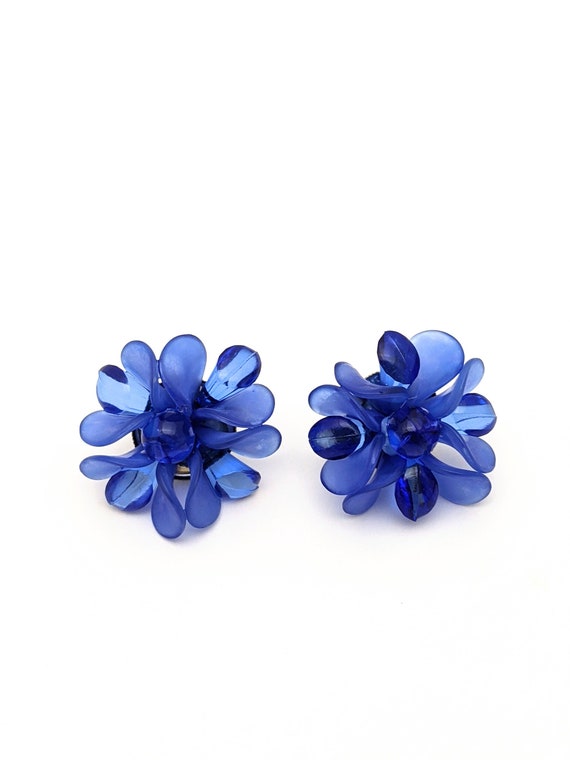 Vintage Blue Beaded Floral Earrings, Large Blue F… - image 5