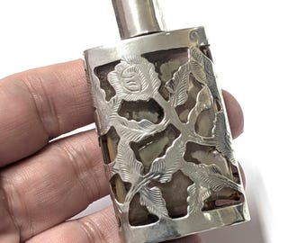 Vintage Floral 925 Mexico Sterling Silver Overlay Perfume Bottle