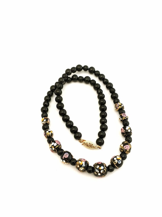 14k Black Art Glass Beaded Necklace, Vintage Pink 